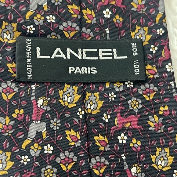 LANCEL PARIS 100% Silk Tie Floral Hunting Deer Print Burgundy Gray Mustard Black - Picture 4 of 7